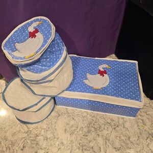 Vintage 80s Country Goose Quilted Vinyl Storage Bag Set 4pc Blue White Red Bow